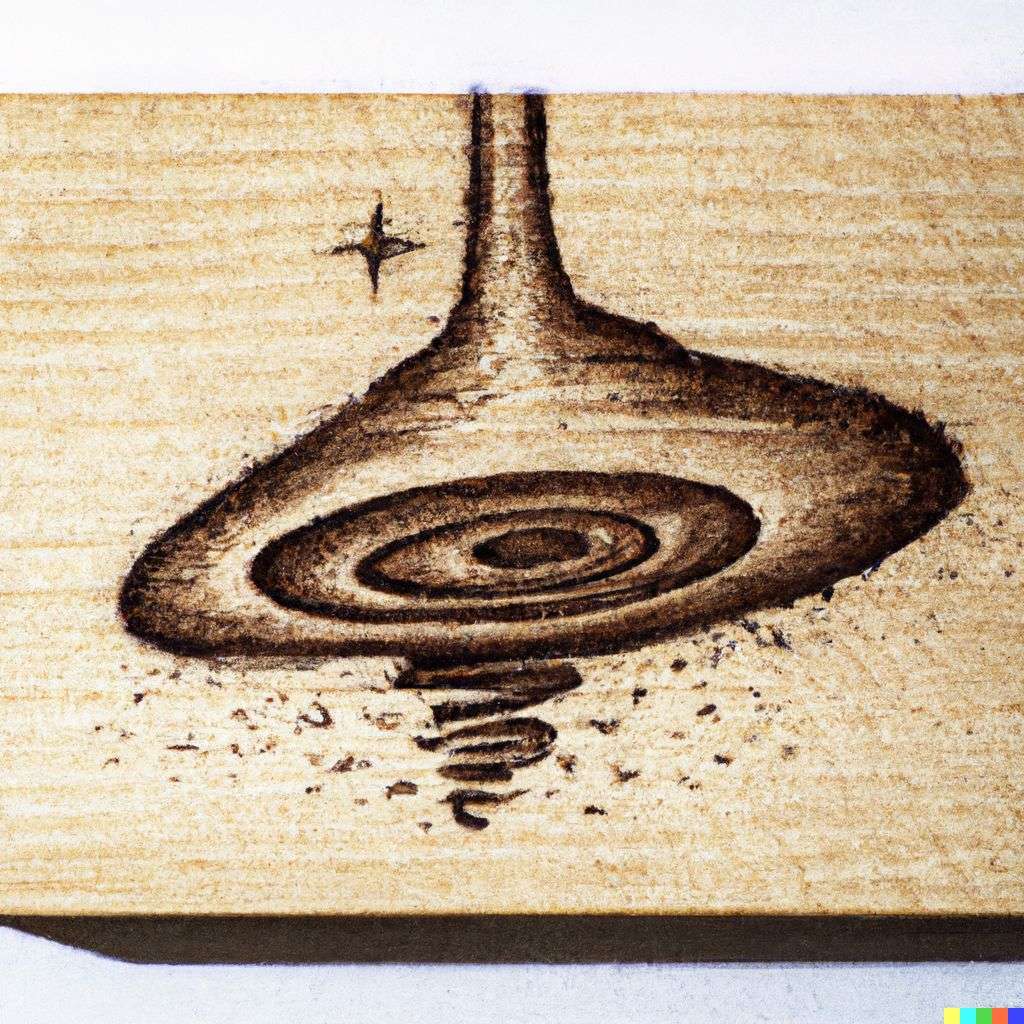 the discovery of gravity, pyrography on a piece of wood